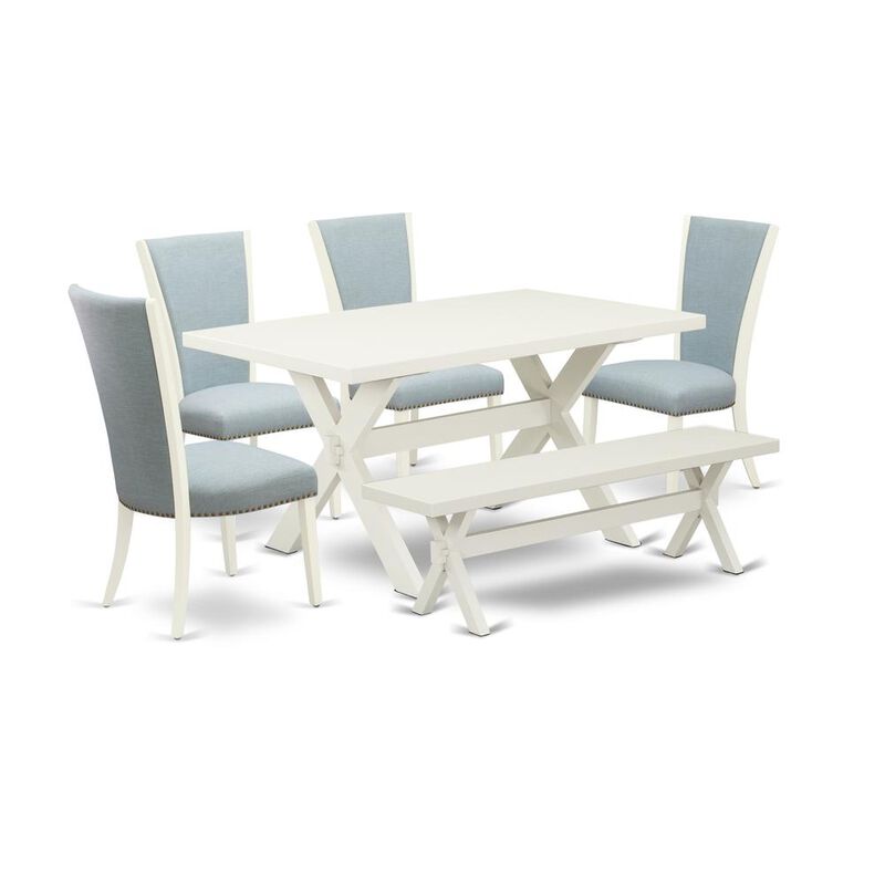 East West Furniture 6 Piece Dinette Set - 4 Baby Blue Linen Fabric Dining Room Chairs with Nailheads and Linen White Wooden Dining Table - 1 Wooden Bench - Linen White Finish