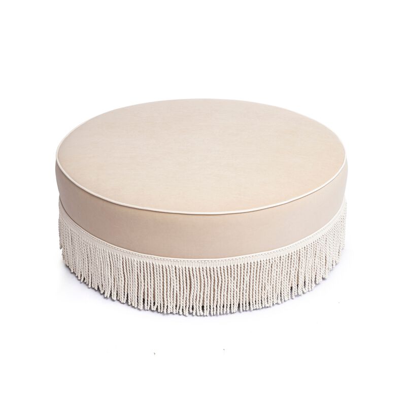 Tassy Neutral Floral Tasseled Round Ottoman image number 2