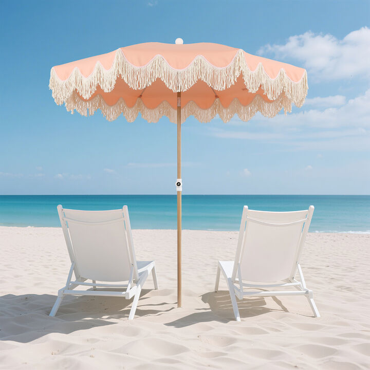 Mariner 6.5 ft. Classic Cottage Fringe Tassel Market Beach Umbrella with Push Button Tilt, Wind Vent and UV Protection, and Carry Bag