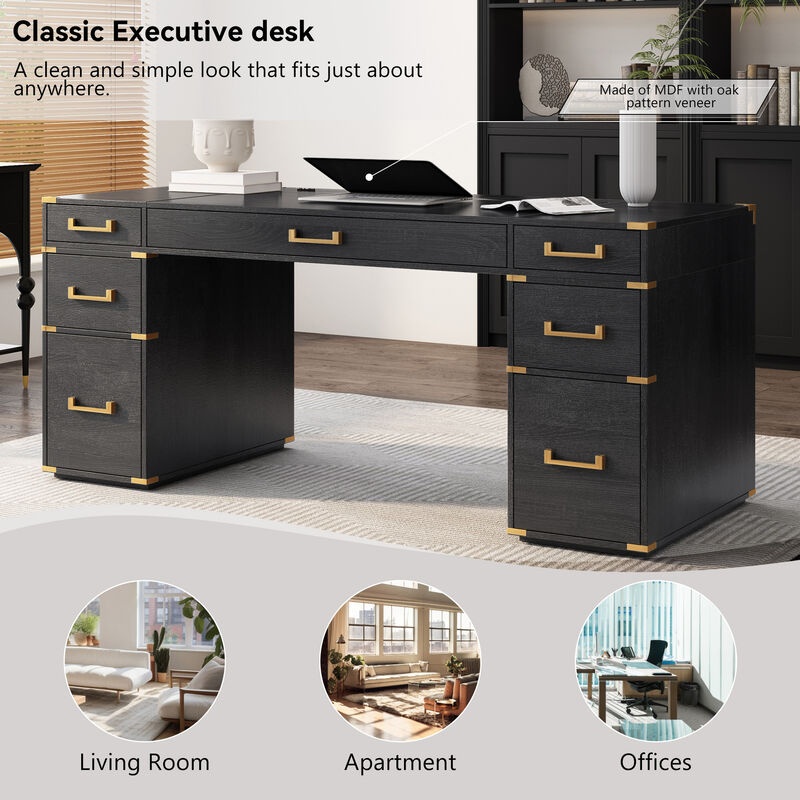 Whisen 70" Executive Desk, 7-Drawer USB MDF Metal for Home Office Study image number 4