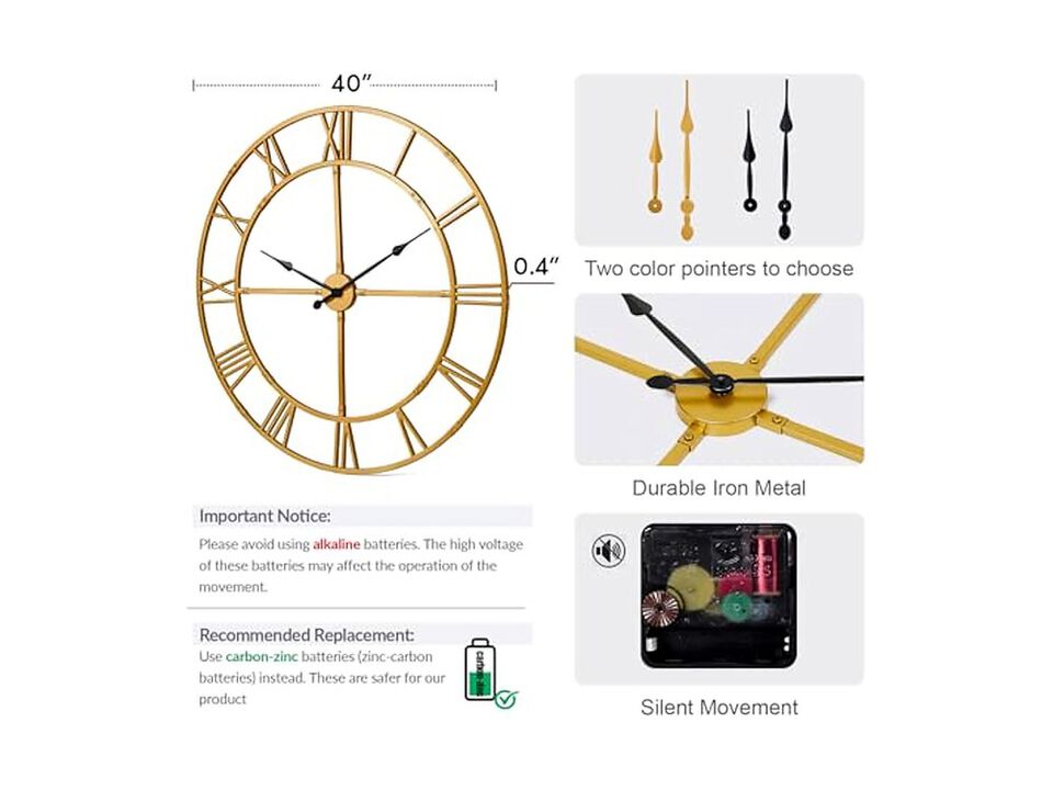 Assembly Farmhouse Metal Wall Clock 40 Inch Silent Non Ticking Living Room Decor