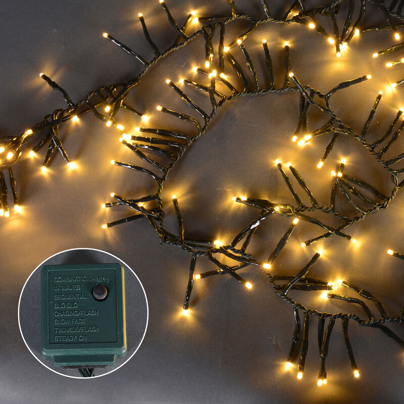 200 Warm White Multi-Function LED Cluster Christmas Lights - 5.75 ft Green Wire