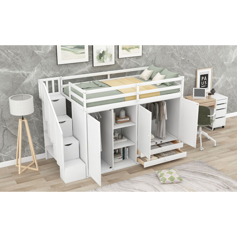 Functional Loft Bed with 3 Shelves, 2 Wardrobes and 2 Drawers, Ladder with Storage, No Box Spring Needed, White(Expected Arrival Time:1.4), Twin