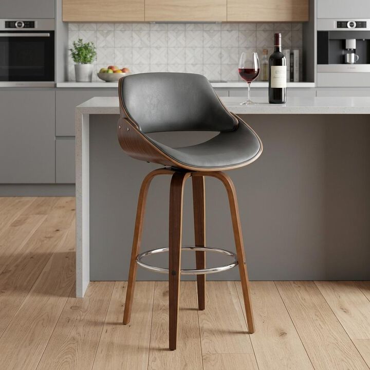 HomeRoots 26" Gray And Brown Faux Leather And Fabric And Iron Low Back Counter Height Swivel Bar Chair