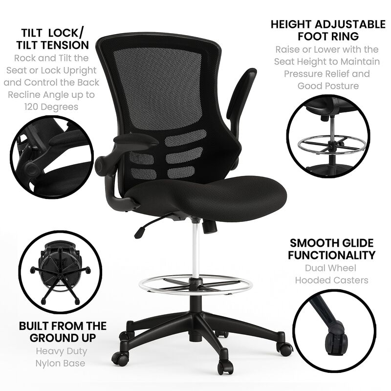 Flash Furniture Kelista Mid-Back Black Mesh Ergonomic Drafting Chair | Adjustable Foot Ring, Flip-Up Arms | Comfort and Productivity