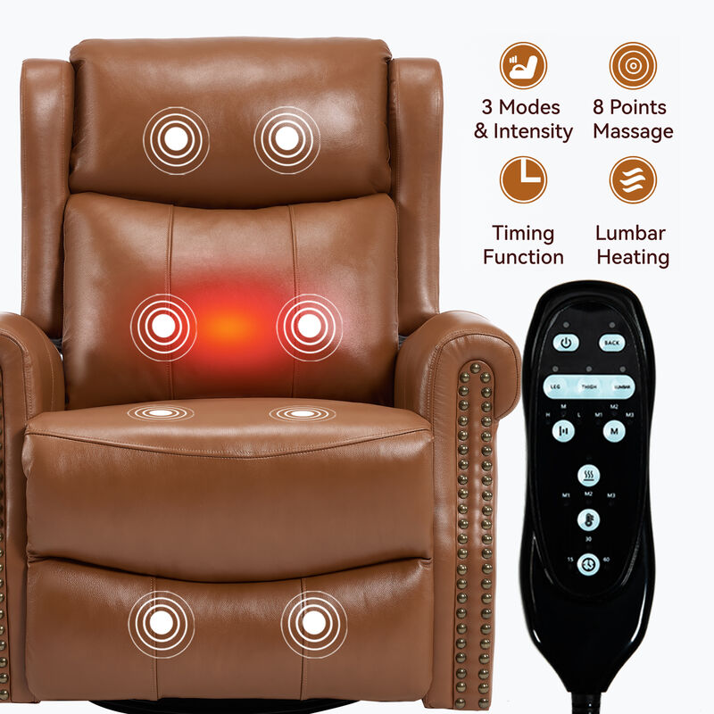 Genuine leather Heat Massage Manual Recliner Chair with Rocker and Swivel for Living Room image number 4