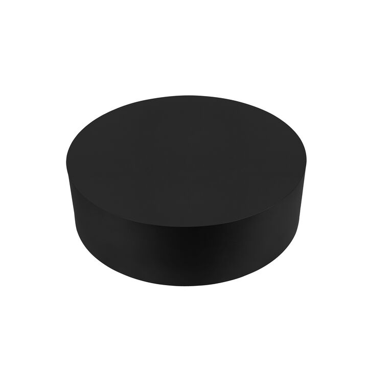 Rano Coffee Table, 40 Inch Round Black Iron Top, Modern Drum Shape - Benzara