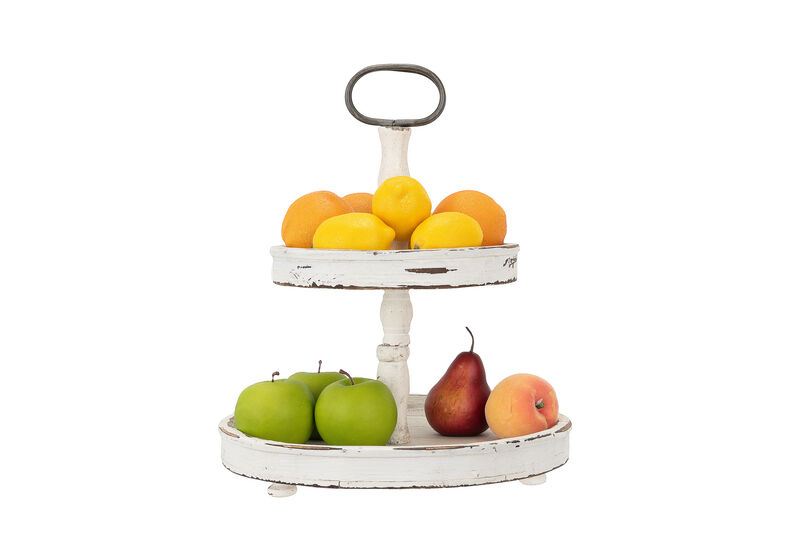 Distressed Cream Wood 2-Tier Tray with Metal Handle image number 4