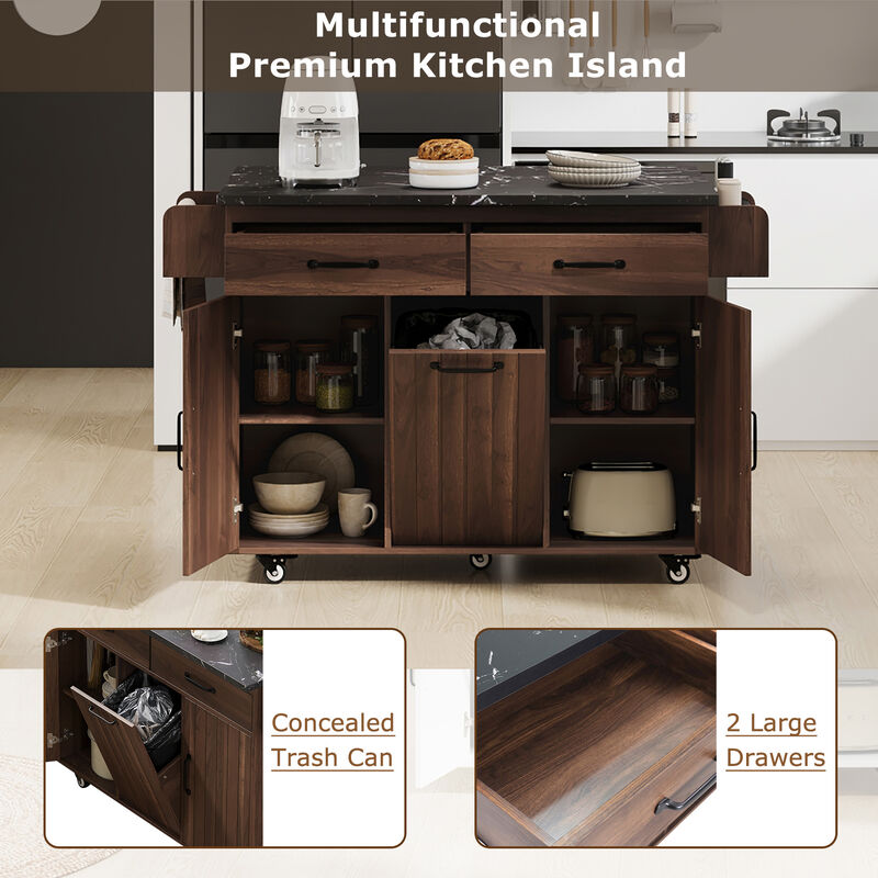 Merax Rolling Kitchen Island with Tilt-Out Trash Cabinet, Drop Leaf, 2 Drawers, 2 Cabinets image number 4