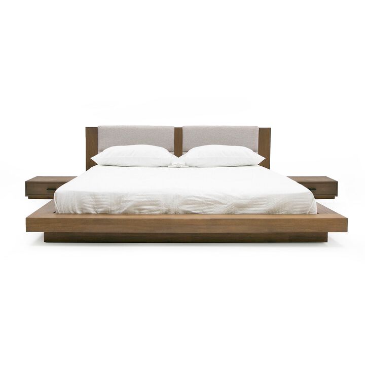 Noe Col King Platform Bed, Upholstered, 2 Nightstands, Walnut Brown, Gray - Benzara