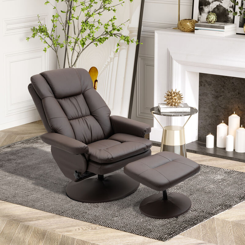 HOMCOM Recliner and Ottoman with Wrapped Base, Swivel PU Leather Reclining Chair with Footrest for Living Room, Bedroom and Home Office, Brown