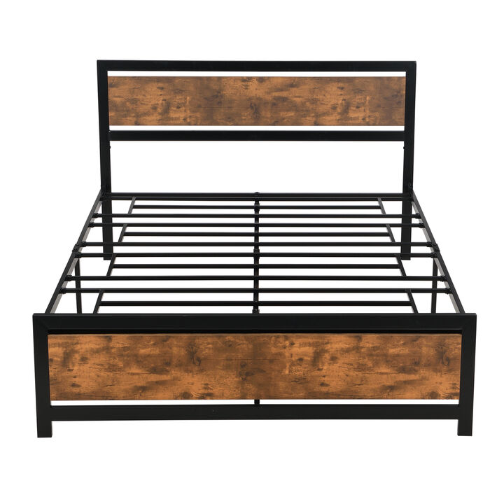 Metal and Wood Bed Frame with Headboard and Footboard, Queen Size Platform Bed, No Box Spring Needed, Easy to Assemble