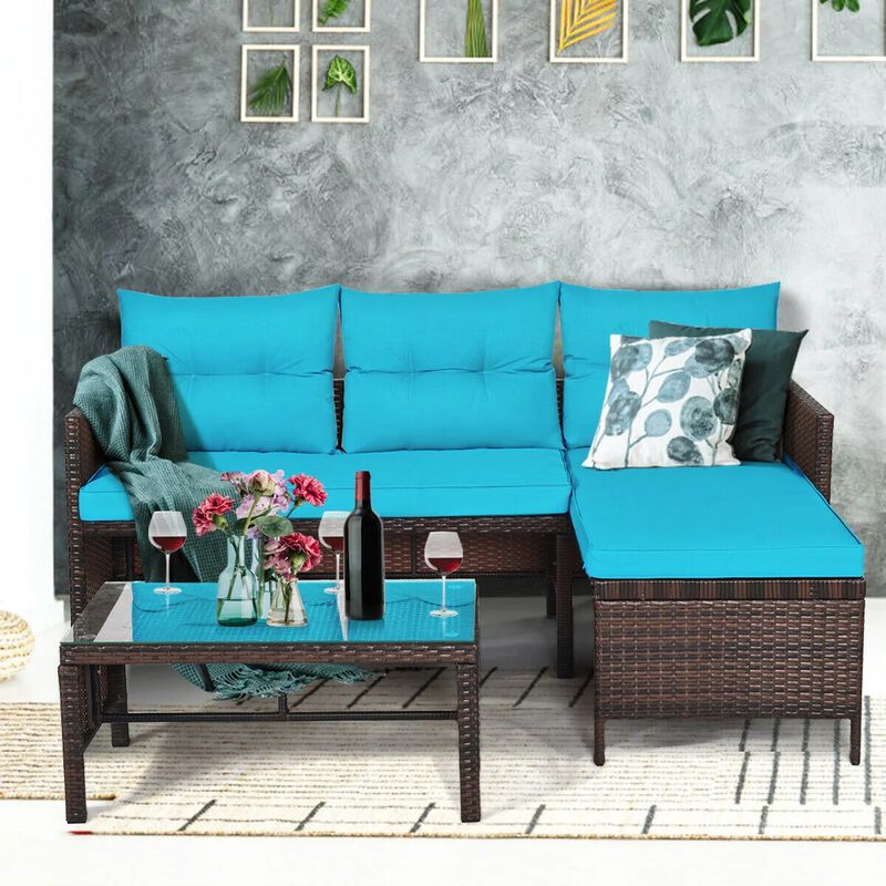 Mondawe 3 Pieces Outdoor Patio Corner Rattan Sofa Set