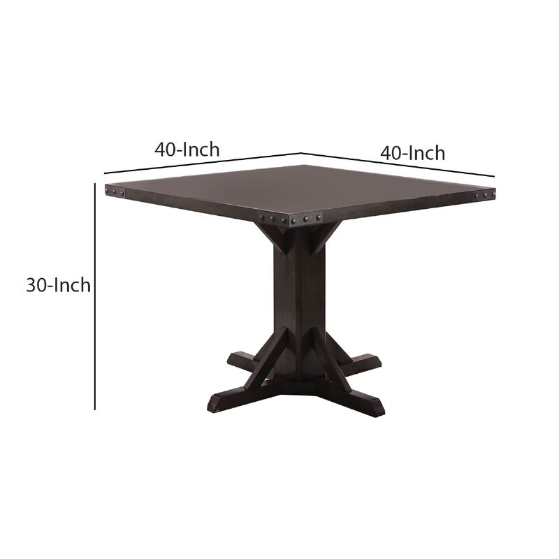 Square Wooden Dining Table with Pedestal Base and Metal Accents, Brown-Benzara image number 4