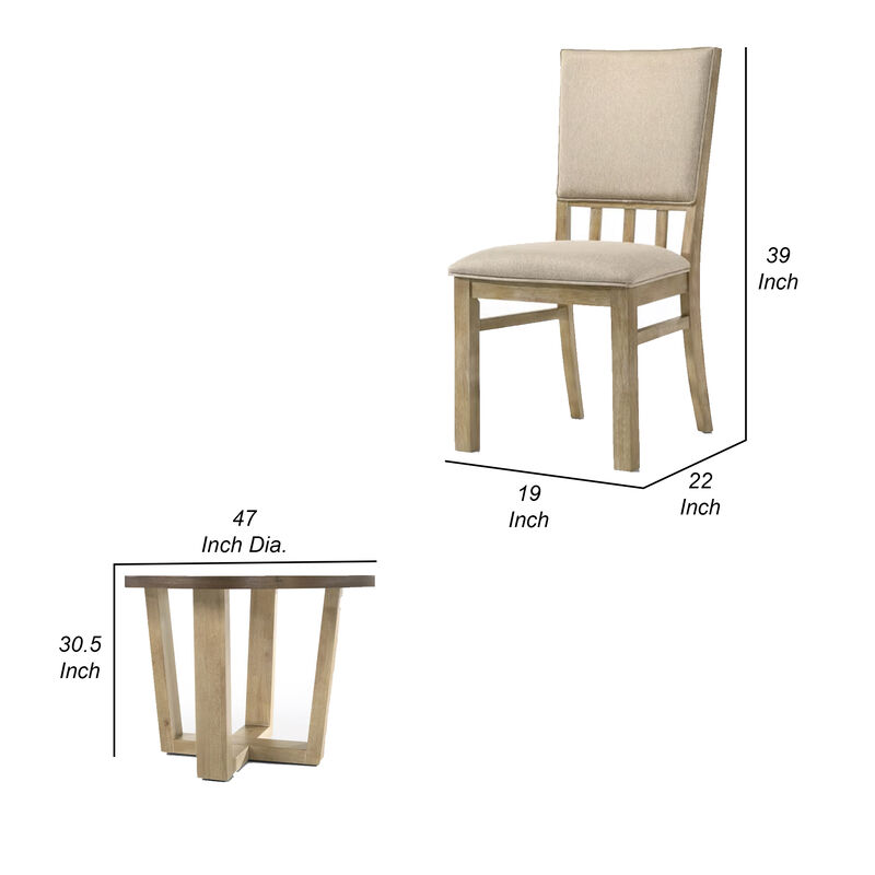 Tani 5pc Round Dining Table Set, 4 Chairs with Brown Beige Upholstery-Benzara
