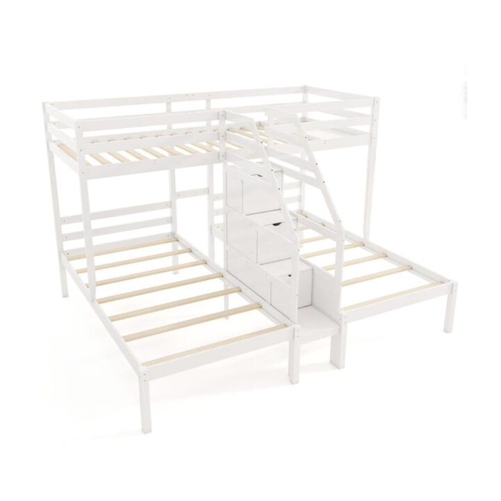 Hivvago Twin Over Twin and Twin Bunk Bed with Storage Staircase and Guardrail for 3 Kids Teens