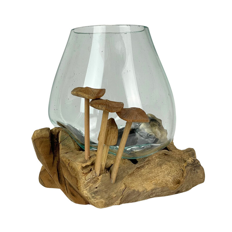 Handcrafted Glass and Teak Vase with Wood Mushroom Embellishments, Rustic Accent image number 1