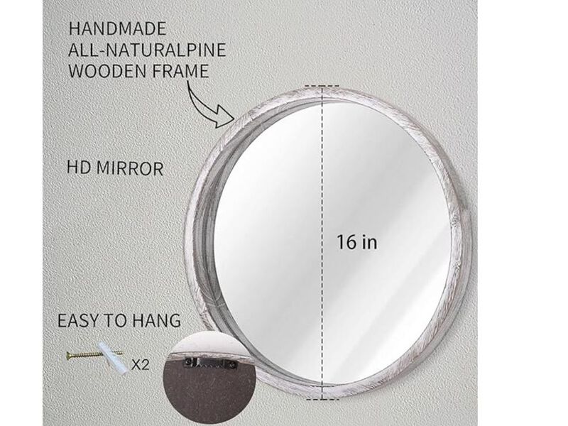16" Round Rustic White Wall Mirror &ndash; Wood Frame
