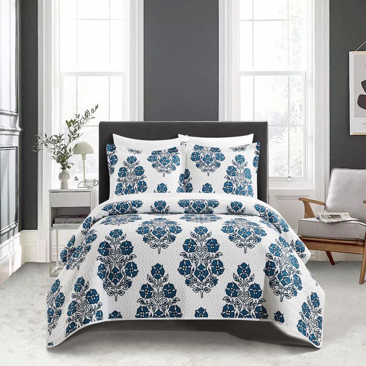 Chic Home Morris Quilt Set Large Scale Floral Medallion Print Design Bed In A Bag Bedding Blue