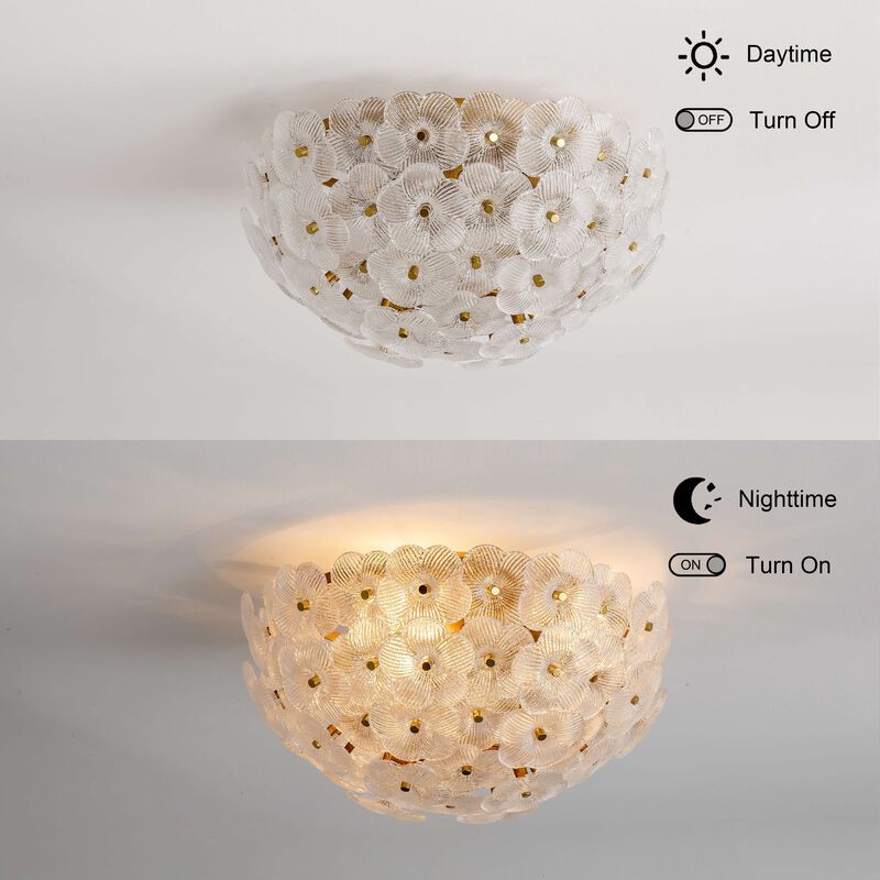 Aika 3-Light 15" Clear Glass Floral Flush Mount - Medium‑gloss Brushed Brass image number 3