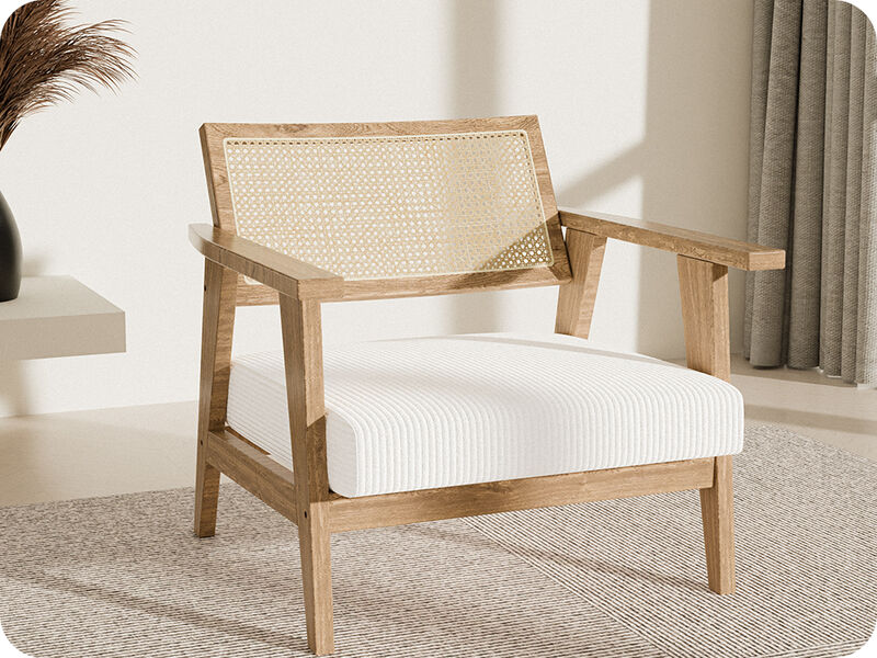 BELLEZE Mid-Century Modern Cane Back Accent Chair, Natural Wood Armchair with Upholstered Seat, Boho Lounge Chair for Living Room, Bedroom, or Office, Comfortable Padded Seat with Minimalist Design