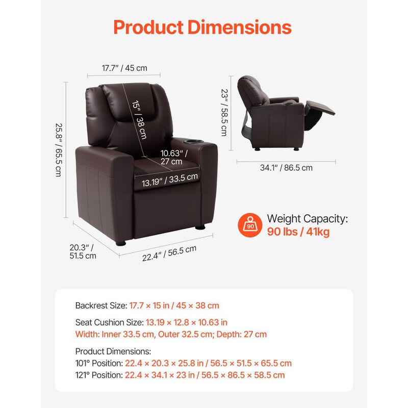 Kids PU Leather Recliner Sofa with Cup Holder Adjustable Backrest and Footrest image number 2