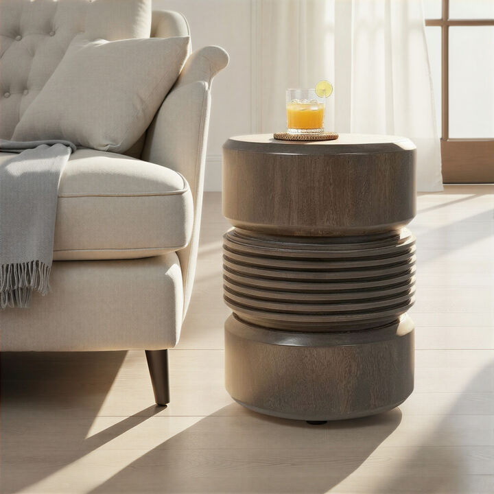 Round Ribbed Mango Wood Side Table, Grey