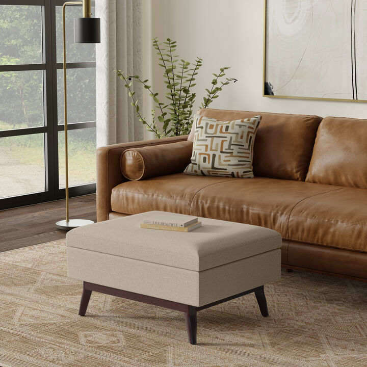 Owen 34 inch Wide Mid Century Modern Rectangle Coffee Table Storage Ottoman in Natural Linen Look Fabric, Assembled