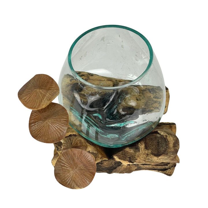 Handcrafted Glass Vase with Teak Driftwood and Wood Mushroom Embellishments