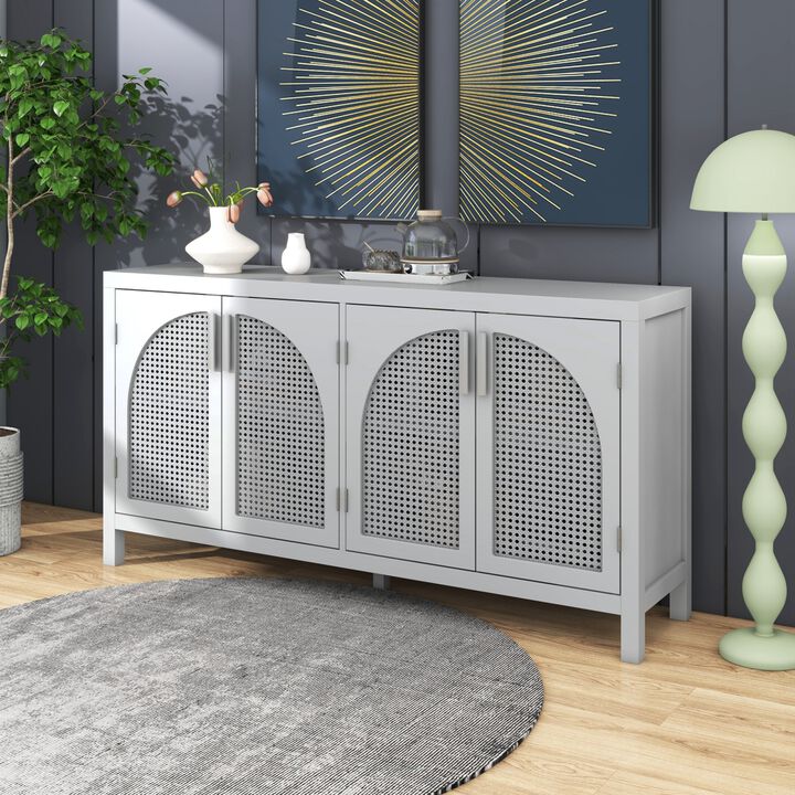 Large Storage Space Sideboard with Artificial Rattan Door and Metal Handles for Living Room and Entryway (Gray)
