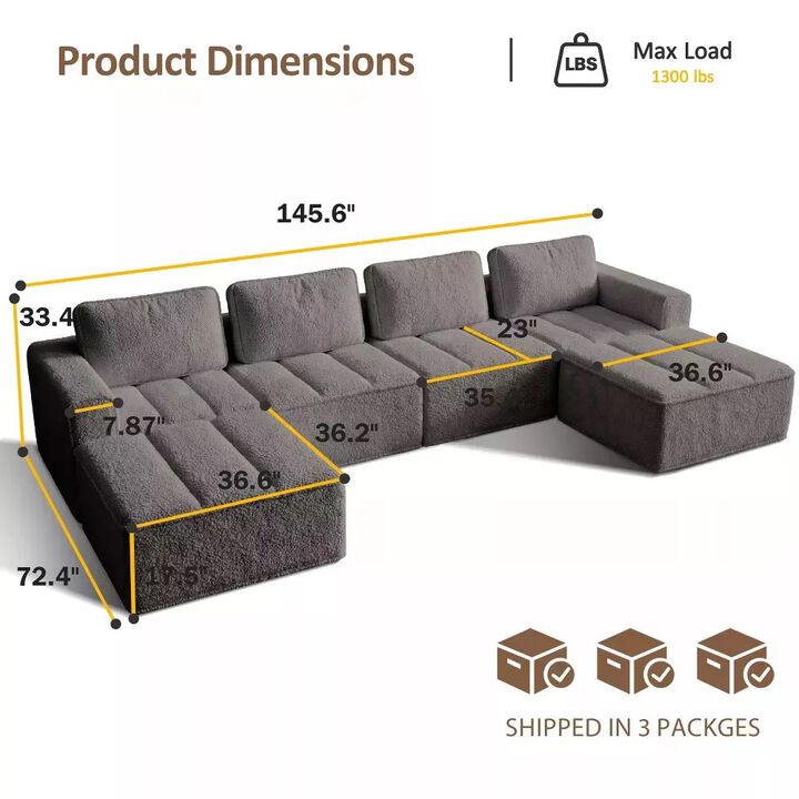Vipbear 145.6" Modular U-Shaped Cloud Sectional Sofa, Fluffy Teddy Fabric Convertible Couch