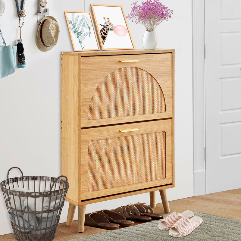 Shoe Cabinet with 2 Flip Rattan Drawers, Freestanding Storage for Entryway
