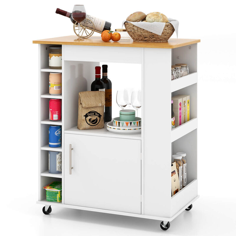 Kitchen Cart on Wheels with Bamboo Top and 6-Bottle Wine Rack-White