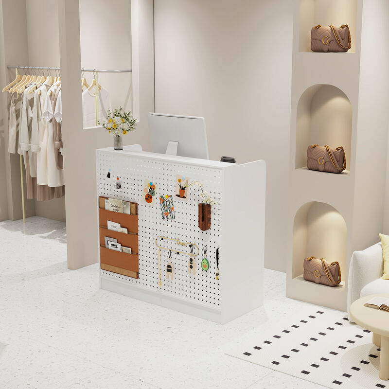 FUFU&GAGA Reception Counter Desk with Perforated Board and 2 Locking Drawers 47.2"L x 19.7"W x 43.3"H White image number 8