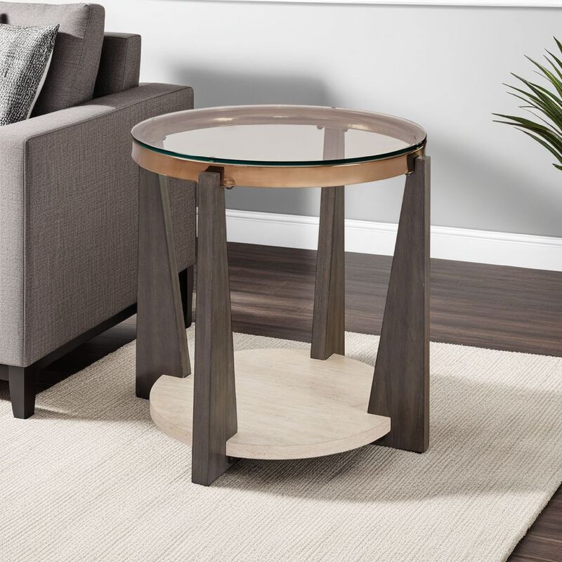 Miu Side End Table, 24 Inch Round Glass Top w Shelf, Brown Angled Base