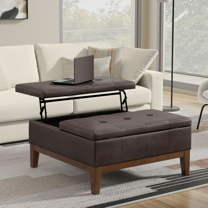 Dover 36 inch Wide Contemporary Square Lift Top Coffee Table Storage Ottoman in Distressed Brown Vegan Faux Leather, Assembled