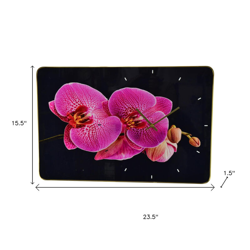 HomeRoots 24" Pink Black And Gold Solid Wood and Acrylic Silent Orchids Floral Wall Clock image number 5