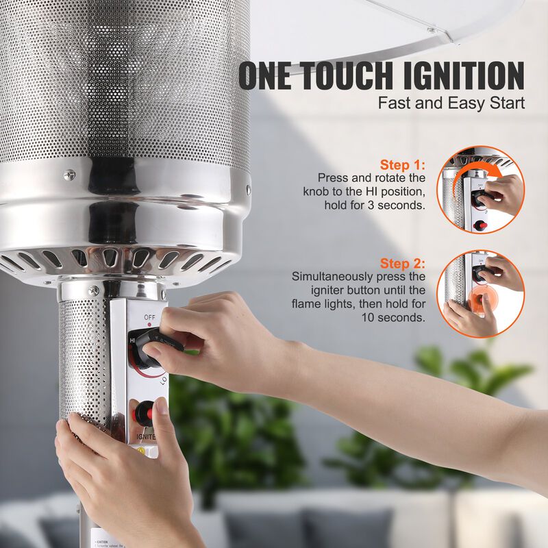 Hammered Propane Patio Heater &ndash; Tall Outdoor Gas Heater with Table for Patio, Porch, and Backyard Use