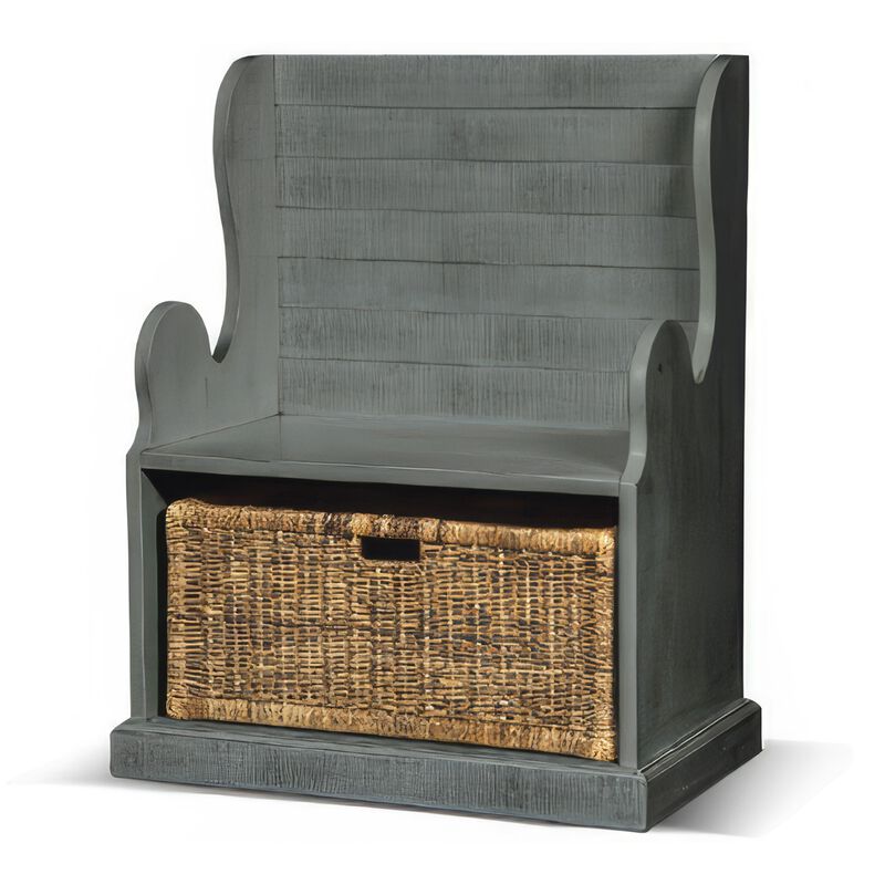 Eulie Hall Foyer Bench Seat w Rattan Basket, Rustic Blue Mahogany Wood - Benzara