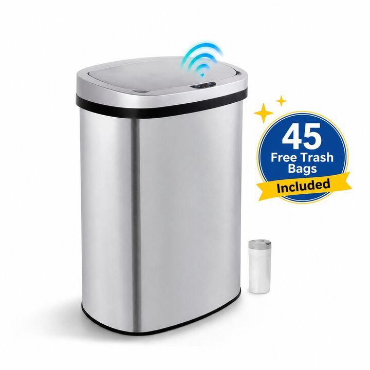 13 Gal./50 Liter Stainless Steel Oval Motion Sensor Trash Can for Kitchen, Includes 45 Trash Bags, Silver