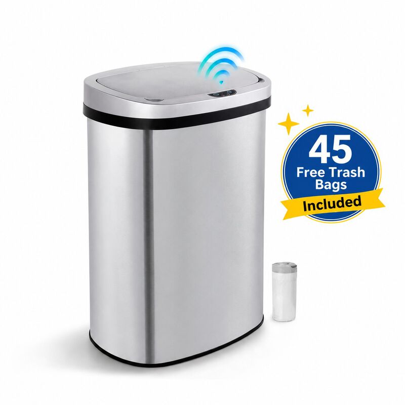 13 Gal./50 Liter Stainless Steel Oval Motion Sensor Trash Can for Kitchen, Includes 45 Trash Bags, Silver image number 0