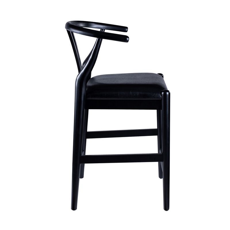 Cera Counter Stool Chair Set of 2, Faux Leather Seat, Black Rubberwood - Benzara