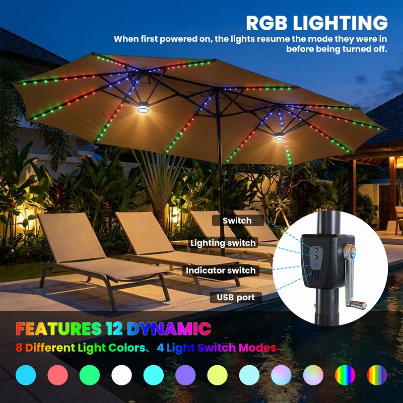 15FT Double-Sided Heavy Duty Solar RGB LED Patio Umbrella with Base, Dual Charging, Crank Handle image number 4