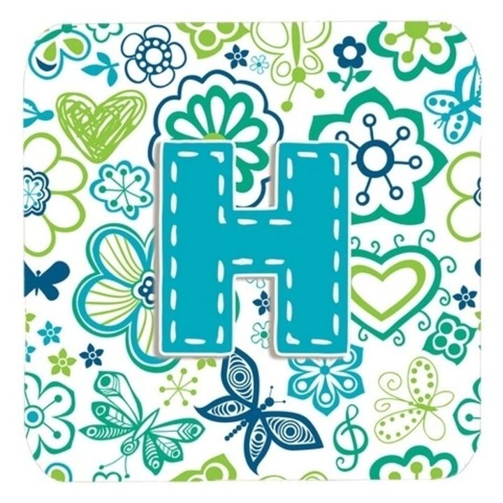 Caroline's Treasures CJ2006-HFC Letter H Flowers and Butterflies Teal Blue Foam Coasters (Set of 4), 3.5, Multicolor