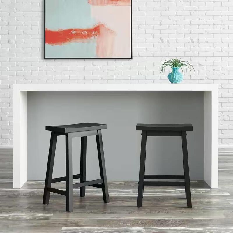 Hivvago Set of 2 Farmhouse Counter Height Saddle Barstool in Charcoal Black Wood Finish