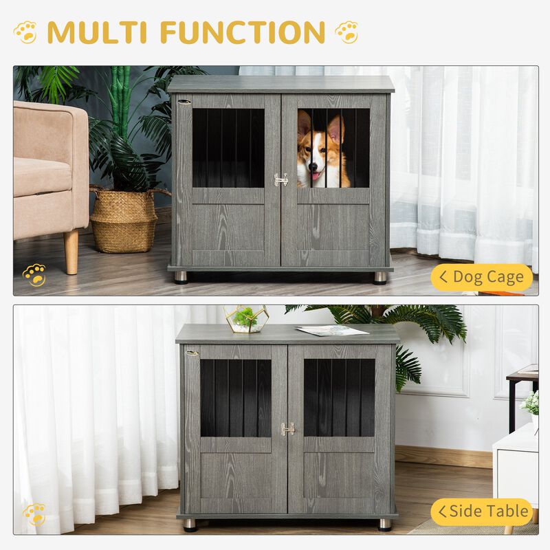 Stylish Dog Kennel, Wooden End Table Furniture with Cushion & Lockable Magnetic Doors, Small Size Pet Crate Indoor Animal Cage, Grey