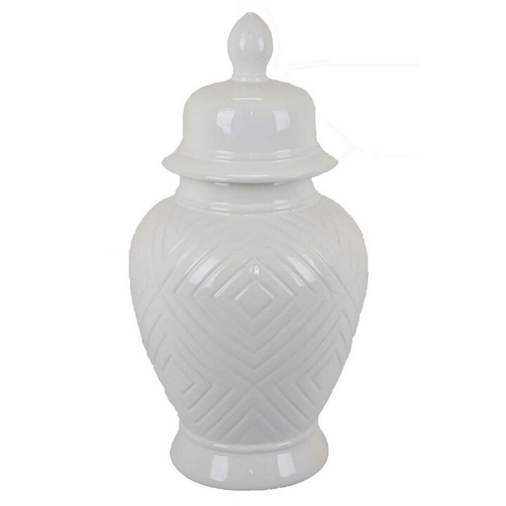 18 Inch Temple Ginger Jar with Dome Lid Geometric Design, Ceramic, White - Benzara