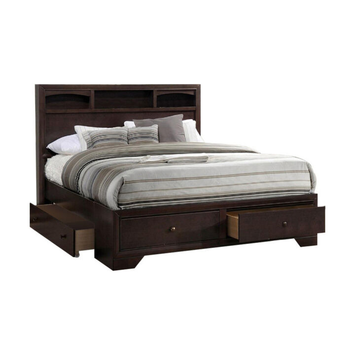 Wooden Eastern King Bed With Display Shelves and Under Bed Drawers, Dark Brown - Benzara