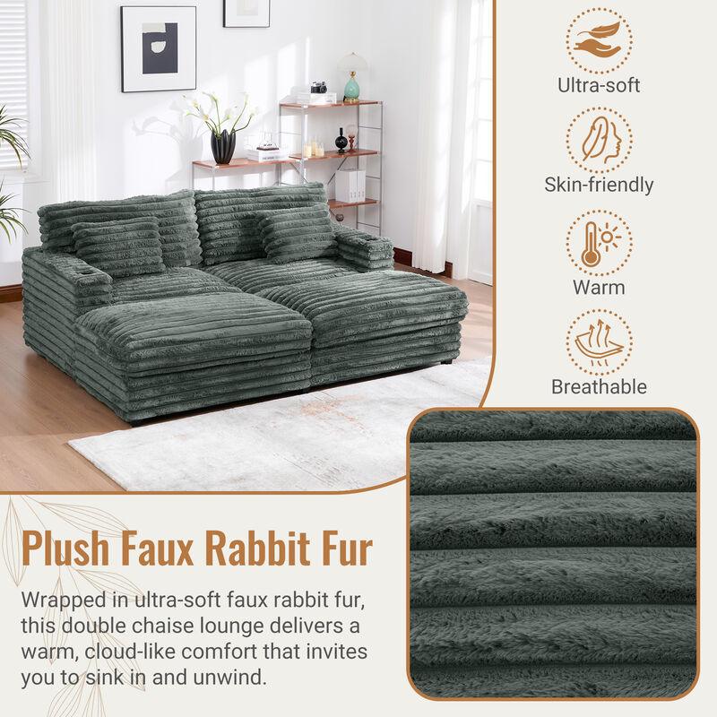 Merax Oversized Chaise Sofa  Loveseats with Plush Faux Rabbit Fur, Deep Seating, Built-in USB Charging image number 4