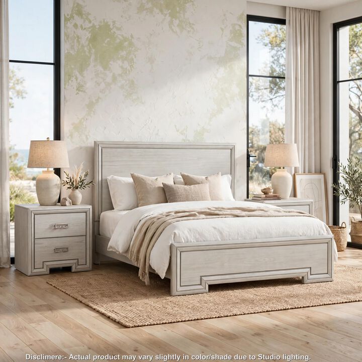 3pc King Bedroom Set, Rustic White, White, Nickel Wood, 2 Nightstands